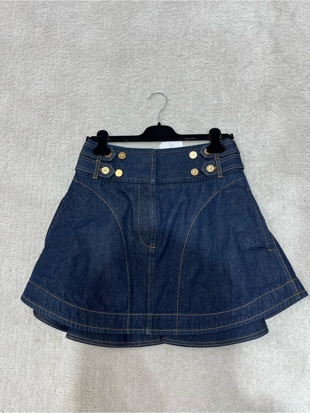 Zimmermann Dark Indigo Denim Skater Skirt with Gold Buttons